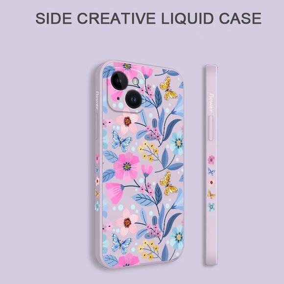 Purple Silicone iPhone 15 Pro Case with Pink and Blue Floral Design - Picture 3 of 6